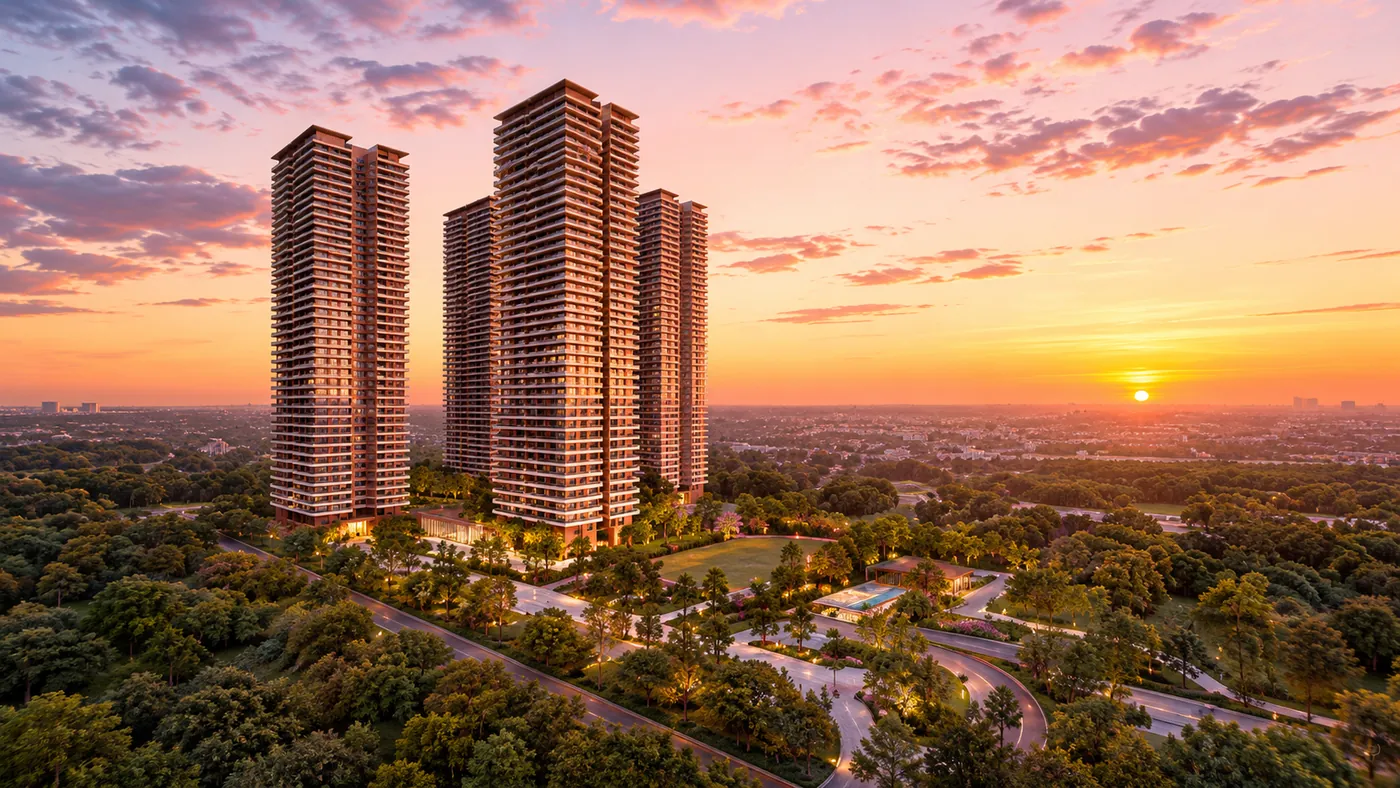Premium residential towers in Gurgaon at sunset